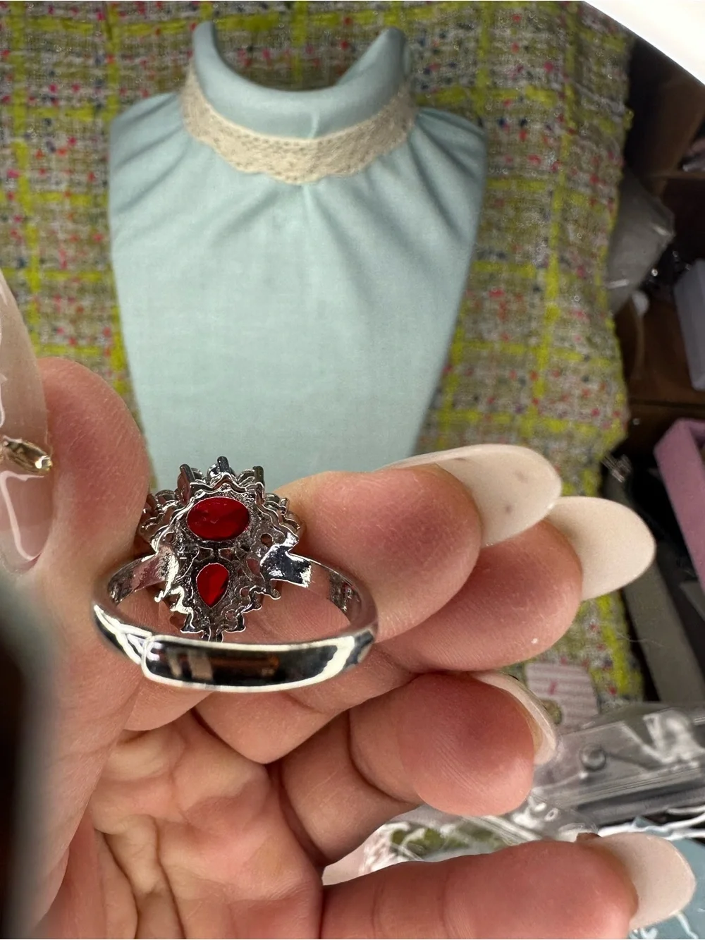 Silver Ring and Pendant Jewelry Set with Red Gemstones ring open size 5 to 13